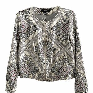 F21 geometric art mixed print zip jacket w/ pockets, cream gray